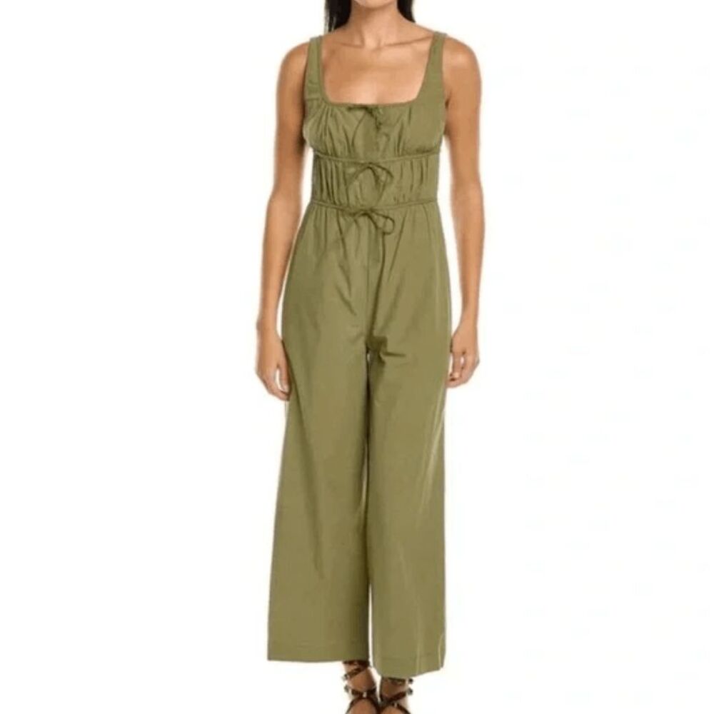 Rebecca Taylor Full Length Poplin Romper Jumpsuit Olive Green Tie Front Size 4